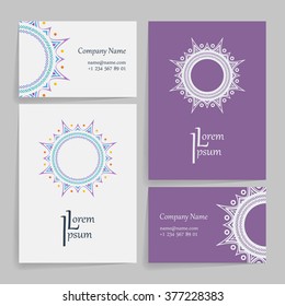 Set of vector design templates. Brochures in random colorful style. Vintage frames and backgrounds. Business card with floral circle ornament. Mandala style.
