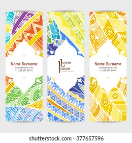 Set of vector design templates. Brochures in random colorful style. Frames and backgrounds. Zentangle designs.