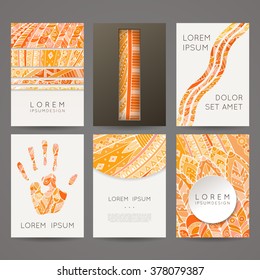 Set of vector design templates. Brochures in random colorful style. Frames and backgrounds. Zentangle designs.