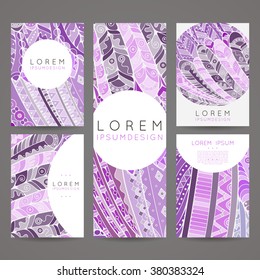 Set of vector design templates. Brochures in random colorful style. Frames and backgrounds. Zentangle designs.