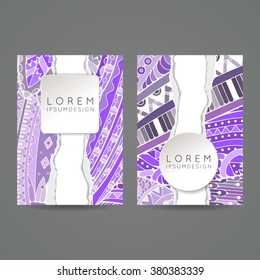Set of vector design templates. Brochures in random colorful style. Frames and backgrounds. Zentangle designs.