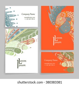 Set of vector design templates. Brochures in random colorful style. Frames and backgrounds. Zentangle designs.