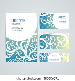 Set of vector design templates. Brochures in random colorful style. Vintage frames and backgrounds. Business card with floral ornament. Vintage style.