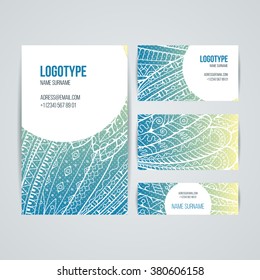 Set of vector design templates. Brochures in random colorful style. Frames and backgrounds. Zentangle designs.