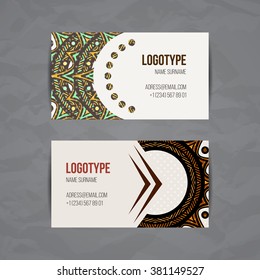 Set of vector design templates. Brochures in random colorful style. Vintage frames and backgrounds. Business card with floral circle ornament. Mandala style.