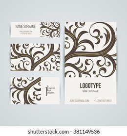 Set of vector design templates. Brochures in random colorful style. Vintage frames and backgrounds. Business card with floral ornament. Vintage style.