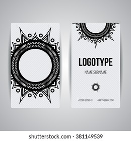 Set of vector design templates. Brochures in random colorful style. Vintage frames and backgrounds. Business card with floral circle ornament. Mandala style.