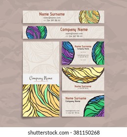 Set of vector design templates. Brochures in random colorful style. Vintage frames and backgrounds. Business card with abstract circle ornament.
