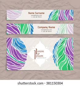Set of vector design templates. Brochures in random colorful style. Vintage frames and backgrounds. Business card with abstract circle ornament.