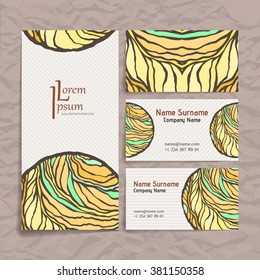 Set of vector design templates. Brochures in random colorful style. Vintage frames and backgrounds. Business card with abstract circle ornament.