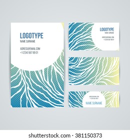 Set of vector design templates. Brochures in random colorful style. Vintage frames and backgrounds. Business card with abstract circle ornament.