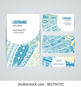 Set of vector design templates. Brochures in random colorful style. Frames and backgrounds. Zentangle designs.