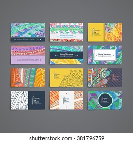 Set of vector design templates. Brochures in random colorful style. Frames and backgrounds. Zentangle designs.