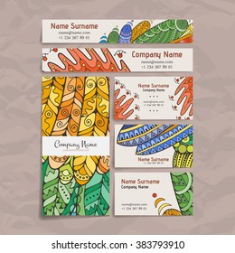 Set of vector design templates. Brochures in random colorful style. Frames and backgrounds. Zentangle designs.