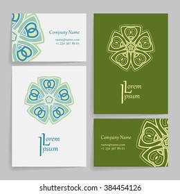 Set of vector design templates. Brochures in random colorful style. Vintage frames and backgrounds. Business card with floral circle ornament. Mandala style.