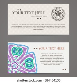 Set of vector design templates. Brochures in random colorful style. Vintage frames and backgrounds. Business card with floral circle ornament. Mandala style.