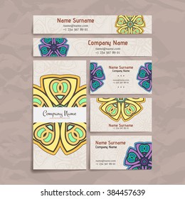 Set of vector design templates. Brochures in random colorful style. Vintage frames and backgrounds. Business card with floral circle ornament. Mandala style.