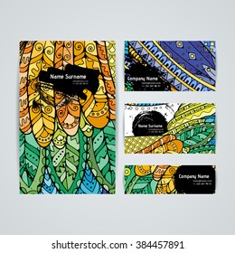 Set of vector design templates. Brochures in random colorful style. Frames and backgrounds. Zentangle designs.