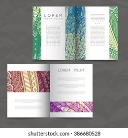 Set of vector design templates. Brochures in random colorful style. Frames and backgrounds. Zentangle designs.