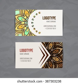 Set of vector design templates. Brochures in random colorful style. Vintage frames and backgrounds. Business card with floral circle ornament. Mandala style.