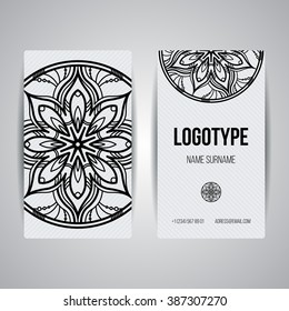 Set of vector design templates. Brochures in random colorful style. Vintage frames and backgrounds. Business card with floral circle ornament. Mandala style.