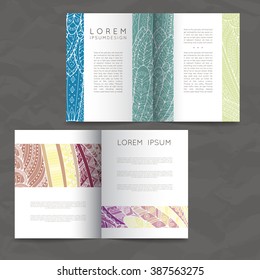 Set of vector design templates. Brochures in random colorful style. Frames and backgrounds. Zentangle designs.