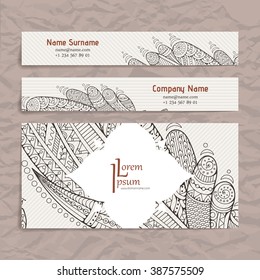 Set of vector design templates. Brochures in random colorful style. Frames and backgrounds. Zentangle designs.