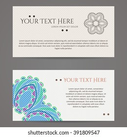 Set of vector design templates. Brochures in random colorful style. Vintage frames and backgrounds. Business card with floral circle ornament. Mandala style.