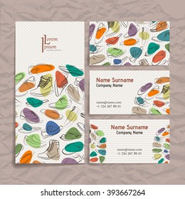Set of vector design templates. Brochures in random colorful style. Frames and backgrounds. Business card with shoes and boots ornament.
