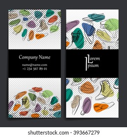 Set of vector design templates. Brochures in random colorful style. Frames and backgrounds. Business card with shoes and boots ornament.