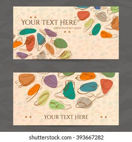 Set of vector design templates. Brochures in random colorful style. Frames and backgrounds. Business card with shoes and boots ornament.