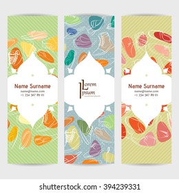 Set of vector design templates. Brochures in random colorful style. Frames and backgrounds. Business card with shoes and boots ornament.