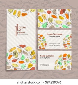 Set of vector design templates. Brochures in random colorful style. Frames and backgrounds. Business card with shoes and boots ornament.