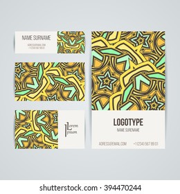 Set of vector design templates. Brochures in random colorful style. Vintage frames and backgrounds. Business card with floral circle ornament. Mandala style.