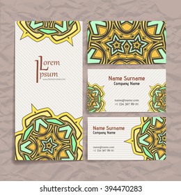 Set of vector design templates. Brochures in random colorful style. Vintage frames and backgrounds. Business card with floral circle ornament. Mandala style.