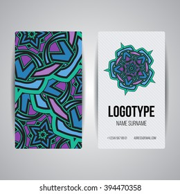 Set of vector design templates. Brochures in random colorful style. Vintage frames and backgrounds. Business card with floral circle ornament. Mandala style.