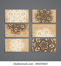Set of vector design templates. Brochures in random colorful style. Vintage frames and backgrounds. Business card with floral circle ornament. Mandala style.