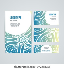 Set of vector design templates. Brochures in random colorful style. Vintage frames and backgrounds. Business card with floral circle ornament. Mandala style.