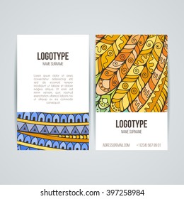 Set of vector design templates. Brochures in random colorful style. Frames and backgrounds. Zentangle designs.