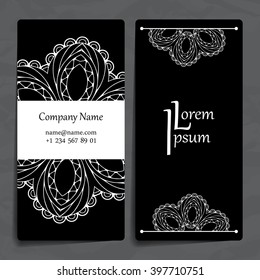 Set of vector design templates. Brochures in random colorful style. Vintage frames and backgrounds. Business card with floral circle ornament. Mandala style.