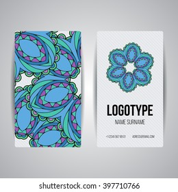 Set of vector design templates. Brochures in random colorful style. Vintage frames and backgrounds. Business card with floral circle ornament. Mandala style.