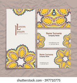 Set of vector design templates. Brochures in random colorful style. Vintage frames and backgrounds. Business card with floral circle ornament. Mandala style.