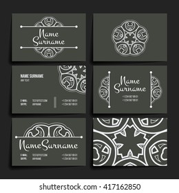 Set of vector design templates. Brochures in random colorful style. Vintage frames and backgrounds. Business card with floral circle ornament. Mandala style.