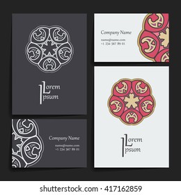 Set of vector design templates. Brochures in random colorful style. Vintage frames and backgrounds. Business card with floral circle ornament. Mandala style.