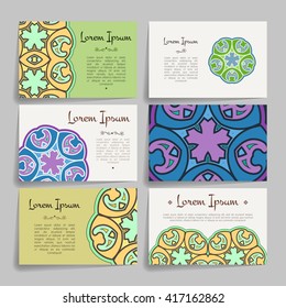 Set of vector design templates. Brochures in random colorful style. Vintage frames and backgrounds. Business card with floral circle ornament. Mandala style.