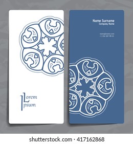 Set of vector design templates. Brochures in random colorful style. Vintage frames and backgrounds. Business card with floral circle ornament. Mandala style.