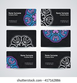 Set of vector design templates. Brochures in random colorful style. Vintage frames and backgrounds. Business card with floral circle ornament. Mandala style.