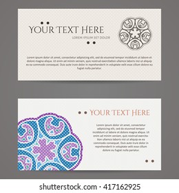 Set of vector design templates. Brochures in random colorful style. Vintage frames and backgrounds. Business card with floral circle ornament. Mandala style.