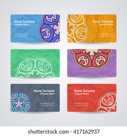 Set of vector design templates. Brochures in random colorful style. Vintage frames and backgrounds. Business card with floral circle ornament. Mandala style.