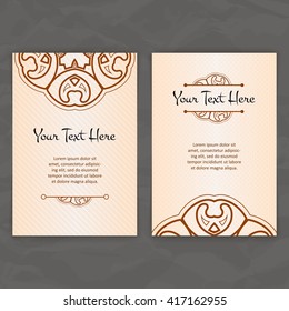 Set of vector design templates. Brochures in random colorful style. Vintage frames and backgrounds. Business card with floral circle ornament. Mandala style.